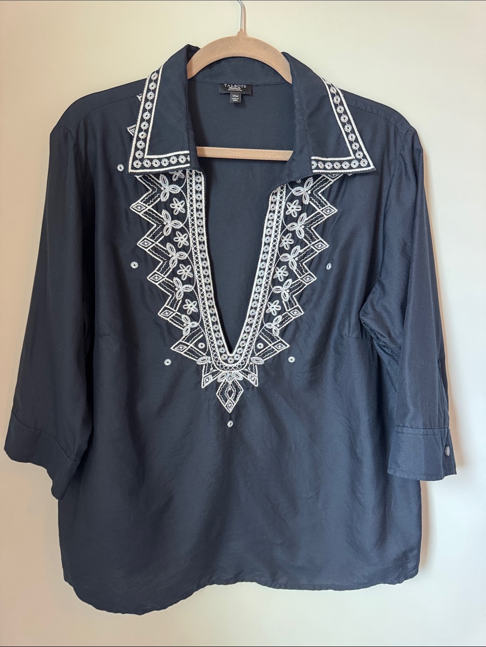 Talbots Navy Tunic with White Embroidered V-Neck - Swim Cover Up